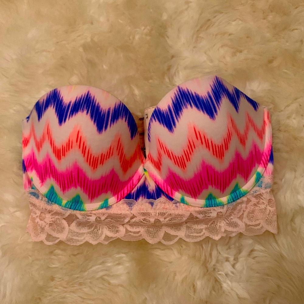 VS Pink Strapless Bustier Bra Neon Tie Dye Sz 34D